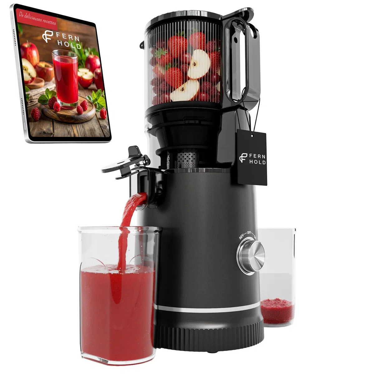 Extracteur de Jus à Froid 250W, Slow Juicer Grande Goulotte 130 mm, Sans BPA, Fonction Marche Arrière, 2 Verres Inclus