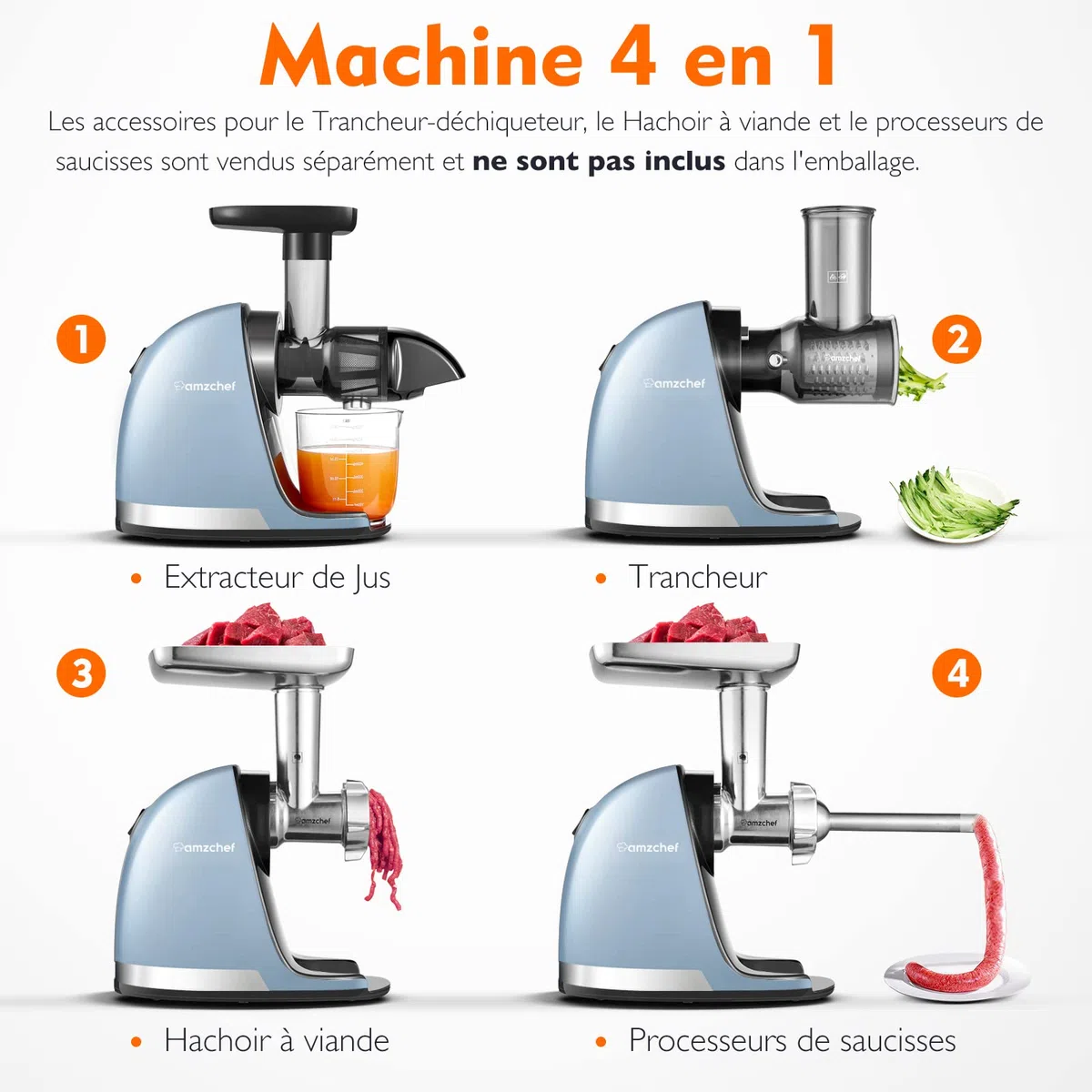 AMZCHEF Extracteur Jus Fruits Légumes Froid sans BPA 2 Tasses Brosse Fonction Mastication Inversée Bleu Doux