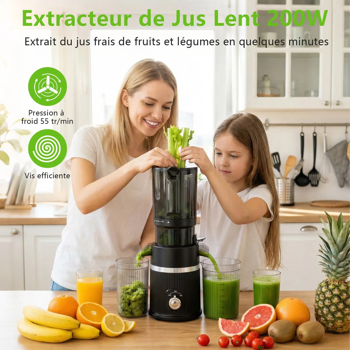 Extracteur de jus 200W, Slow Juicer 112mm, 1.7L, 2 récipients, Sans BPA, Noir