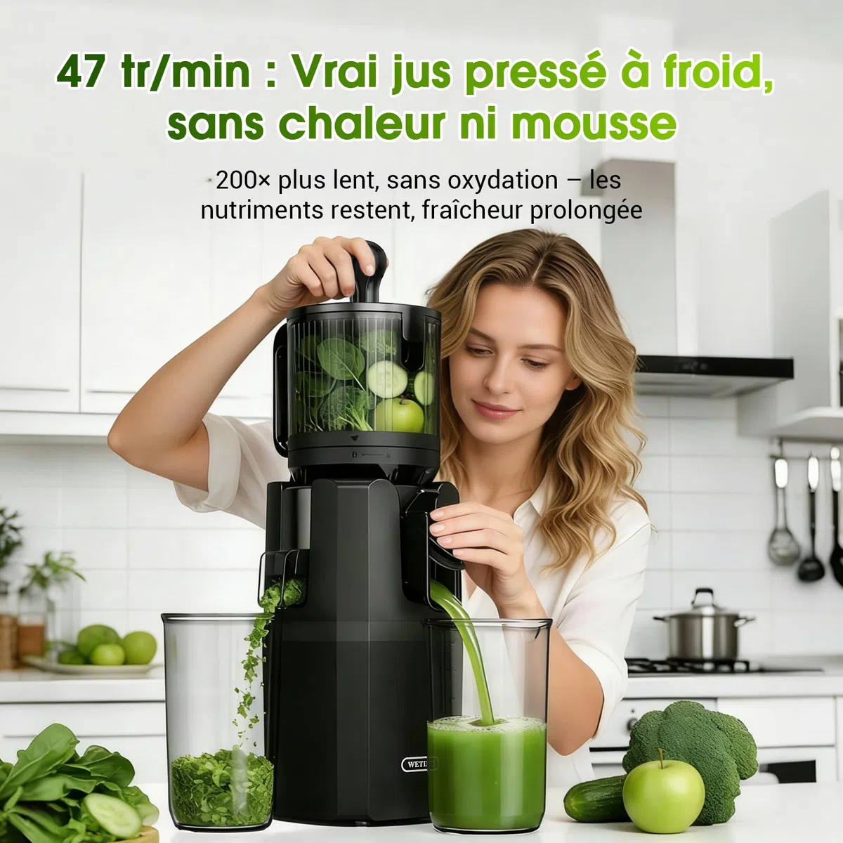 Extracteur de Jus de Fruits et Légumes Entiers, Extracteur Lent Goulotte XXL 120mm, sans BPA, 99% Rendement