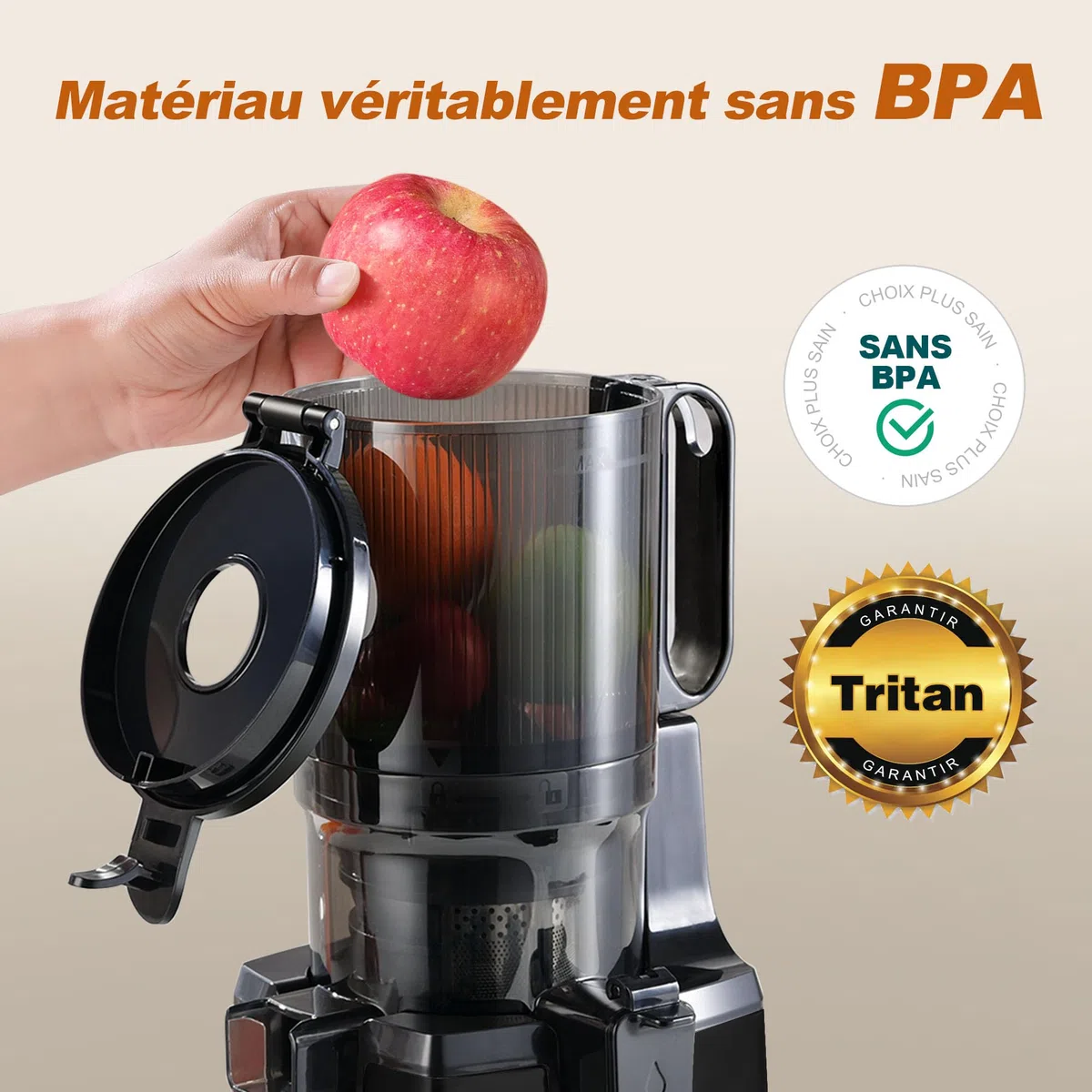 Fretta Extracteur de Jus à Mastication Lente, Grande Goulotte 135mm, Presse-agrumes Automatique 250W, Sans BPA